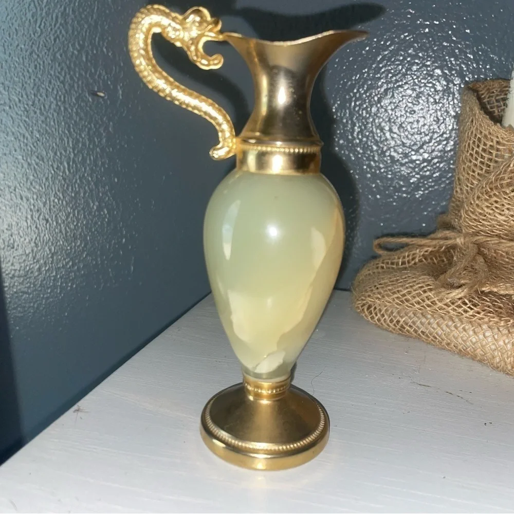 Vintage 1980 Chiseled Brass Onyx Dragon Handle Ewers Cambodia Pitcher Vase Gift - Picture 8 of 10